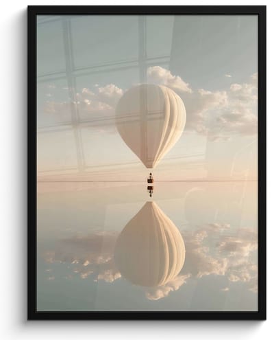 Poster in lijst - Fotolijst 60x80 cm - Posters - Luchtballon - Wolken - Water - Blauw - Posterlijst zwart - Decoratie - Wanddecoratie woonkamer - Muurdecoratie slaapkamer