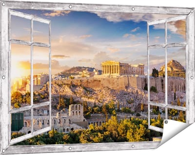 Gards Tuinposter Doorkijk Akropolis van Athene, Griekenland - Architectuur - 120x80 cm - Tuindoek - Tuindecoratie - Wanddecoratie buiten - Tuinschilderij