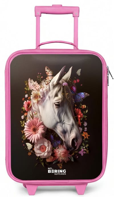NoBoringSuitcases.com® - Kinderkoffer roze - Kindertrolley meisje - Wit paardenhoofd tussen kleurrijke bloemenkrans - Koffer kind lichtgewicht - Reiskoffer trolley voor kinderen - Koffertje met lichtgevende wieltjes - Rolkoffer
