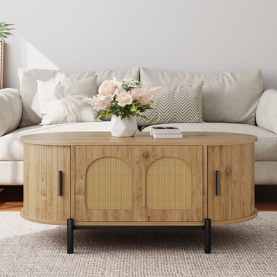 STILVORA Salontafel - Ovaal Met Rotan Deuren En Opbergruimte - Voor Woonkamer - MDF Metaal - 100x50x40 Cm - Naturel