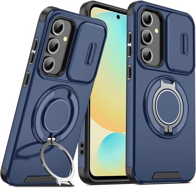 Beschermhoesje voor Samsung Galaxy S24 FE - schuifhoes voor de camera - ringhouder - compatibel met magnetische autohouders - duurzaam blauw beschermhoesje