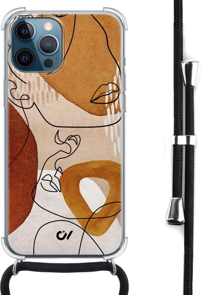 Casevibes - Telefoonhoesje met koord - Geschikt voor Apple iPhone 12 - Abstract Shape Faces - Bruin -
