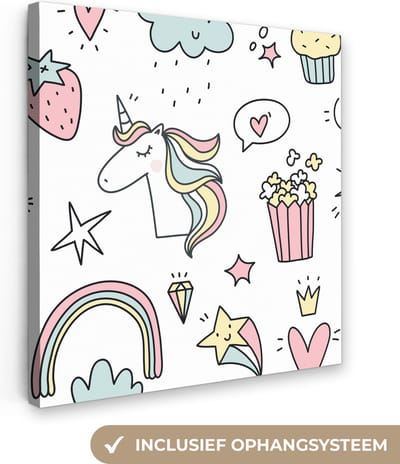 Canvas schilderij kinderen - Muurdecoratie kinderkamer - Eenhoorn - Meisjes - Regenboog - Roze - Design - Wanddecoratie meisjes - Canvas schilderij kinderen - 20x20 cm