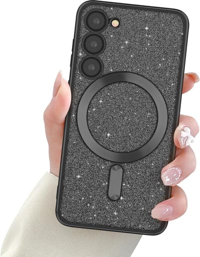 Hoesje Geschikt Voor Samsung Galaxy S24 Magsafe hoesje Zwart- Lens beschermer glitter backcover
