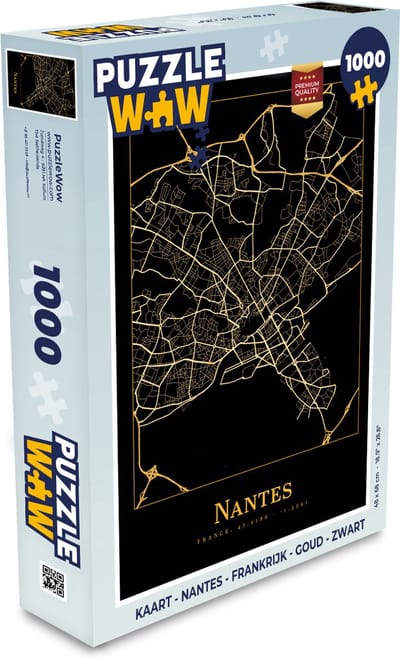 Puzzel Kaart - Nantes - Frankrijk - Goud - Zwart - Legpuzzel - Puzzel 1000 stukjes volwassenen