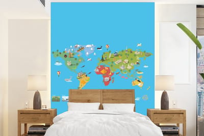Behang - Fotobehang Wereldkaart Kinderen - Modern - Symbolen - Breedte 195 cm x hoogte 260 cm