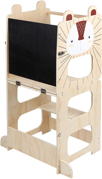PIPIPOXER-2-in-1 houten leertoren voor kinderen met schoolbordpedaal en veiligheidsbeugel, voor badkamers en keukens. C