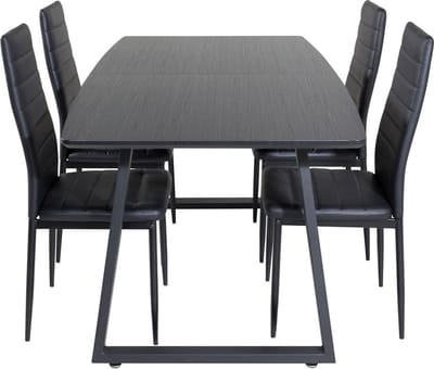 IncaBLBL eethoek eetkamertafel uitschuifbare tafel lengte cm 160 / 200 zwart en 4 Slim High Back eetkamerstal PU kunstleer zwart.