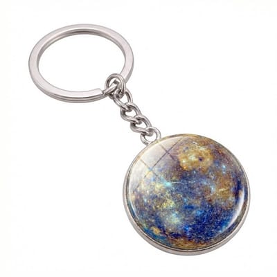 Zilverkleurige ronde sleutelhanger met planeet Mercurius afbeelding – sleutelhanger voor dames en heren – metalen keychain met meerkleurige planeet hanger en schakel ketting