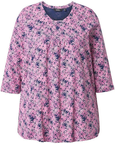 Ulla Popken - Dames - Shirt bloemen A-lijn ronde hals 3/4-mouwen - Inktblauw - Maat 46+