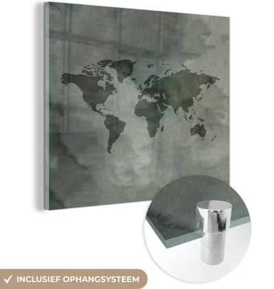 ® Glasschilderij 90x90 cm - Schilderij acrylglas - Wereldkaart - Grijs - Simpel - Foto op glas - Muurdecoratie woonkamer - Wanddecoratie slaapkamer - Schilderijen