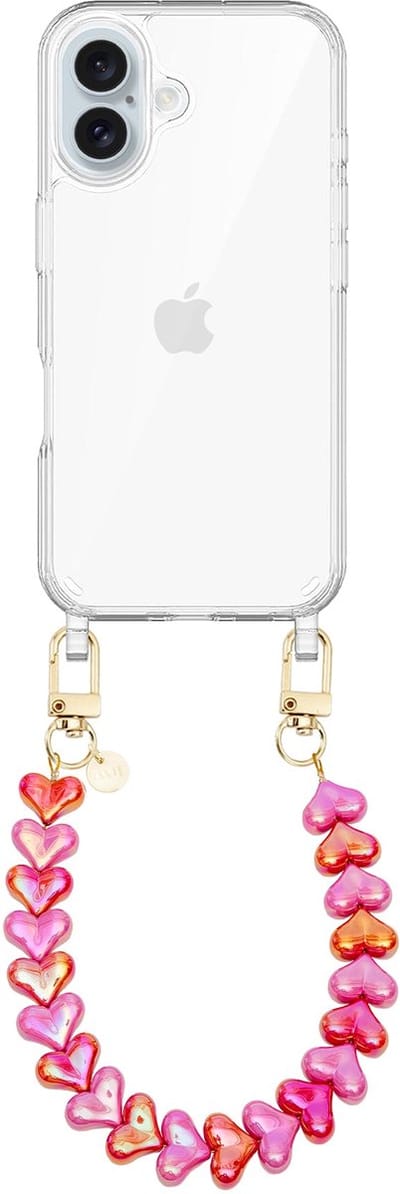 xoxo Wildhearts siliconen hoesje - Geschikt voor iPhone 16 Plus hoesje - Funky Hearts (Pink & Red Metallic) - Telefoonhoesje - Hoesje met koord - Roze en Rood koord - kort telefoonkoord - Hartjes ketting - Transparant hoesje