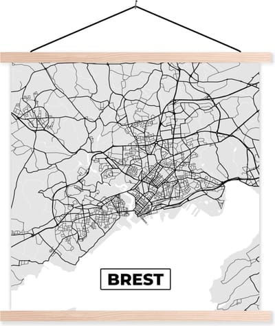 Posterhanger incl. Poster 40x40 cm - Schoolplaat - Brest - Frankrijk - Plattegrond - Kaart - Stadskaart - Textielposter - Blanke latten - Stadskaart