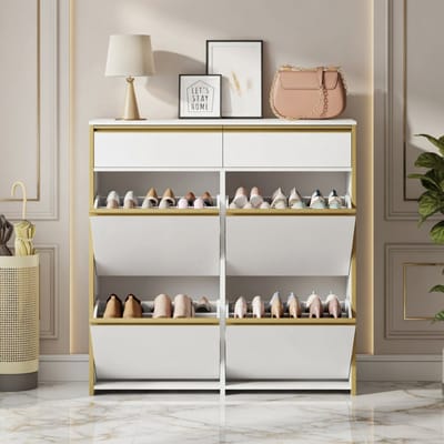 RoyalLine Luxe Smalle Schoenenkast met 4 Klapdeuren, Lade & 8 Verstelbare Legplanken – Schoenenrek met Opberglade – 100x24x99 cm – Wit met Goud – House&Garden