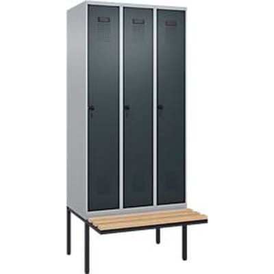 C+P Evolo Plus garderobekast, 3 vakken, elk 300 mm breed, zwevende bank, B 900 x D 815 x H 2120 mm, draaischroef, blank aluminium/antracietgrijs
