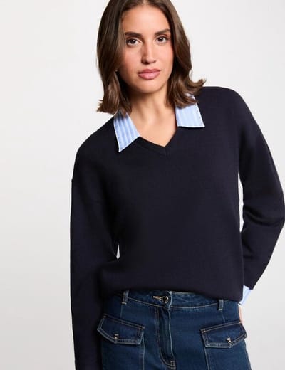 Morgan - Striped sweater with turned-down 261-Marayi Navy blue - Maat : L