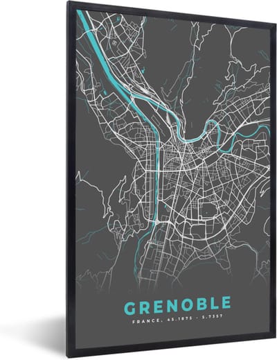 Fotolijst incl. Poster - Grenoble - Frankrijk - Plattegrond - Kaart - Stadskaart - 40x60 cm - Posterlijst