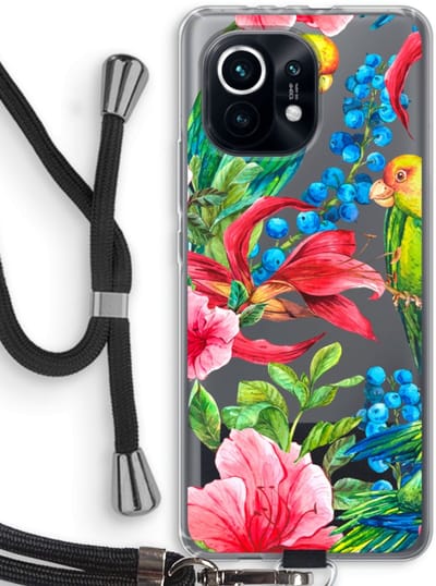 Case Company® - Hoesje met koord geschikt voor Xiaomi Mi 11 hoesje met Koord - Papegaaien - Telefoonhoesje met Zwart Koord - Bescherming aan alle Kanten en Over de Schermrand