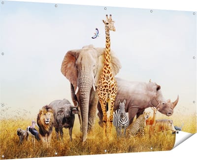 Gards Tuinposter Afrikaanse Dieren op het Gras - Afrika - 180x120 cm - Tuindoek - Tuindecoratie - Wanddecoratie buiten - Tuinschilderij