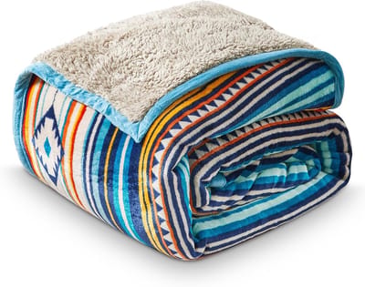 Famanu - Flanellen Deken Omkeerbaar Sherpa Fleece - Blauwe Strepen - Zacht & Comfortabel - Plaid voor Bank & Bed