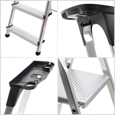 KADAX Aluminium ladder, staande ladder tot 125 kg, trapladder, aluminium veiligheidsladder, inklapbare ladder met plank, aluminium vouwladder, aluminium ladder (7 treden)