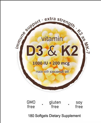 Vitamine D3 1000 IU = 25 Mcg met K2 (MK-7) 200 mcg – Met Kokosolie – 180 Softgels Ondersteunt Botten en Immuunsysteem