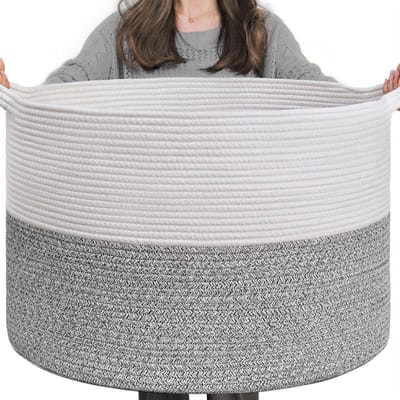 Grote opbergmand van katoenen touw - 55 x 35 cm - Grijs - met handgrepen