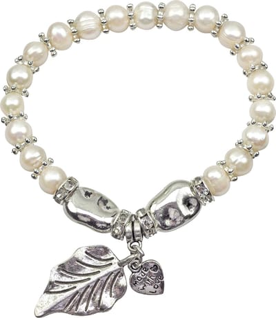 Zoetwater parel armband Pearl Leaf - echte parels - wit - zilver - hanger - blaadje - elastisch - luxe sieraden zakje - parel armband dames - elastisch parel armband - wit parel armband - zoetwaterparel