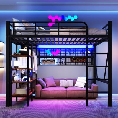 VVBV Ruimtebesparende Hoogslaper 140x200 cm - Planken, LED-Verlichting - Metaal Zwart - Zonder Matras