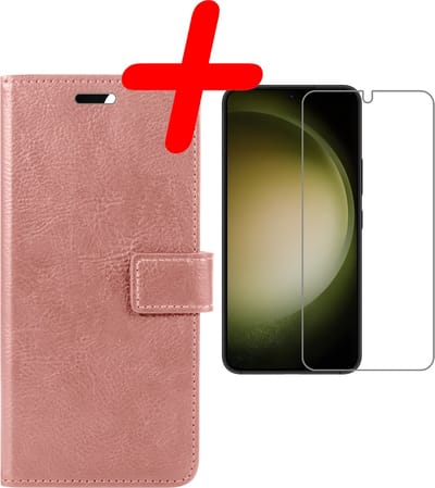Hoesje Met Screenprotector - Geschikt voor Samsung Galaxy S23 - Luxe Pasjeshouder - Bookcase Portemonee - Flip Case - Kunstleer Book Case - Flipcase - Book Cover - Walletcase - Portemonneehoes - Rosé goud
