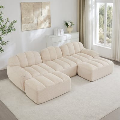 Modulaire bank met 3 zitplaatsen – inclusief 2 voetenbankjes – bank zonder frame met 32D-schuim van hoge dichtheid – geschikt voor de woonkamer en appartementen – antislipontwerp – zachte bekleding – beige