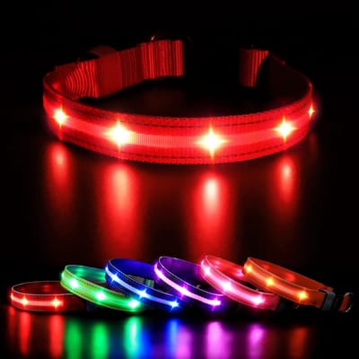 Lichtgevende Hondenhalsband LED verlichting USB oplaadbare en verstelbare Veiligheid Honden halsband 100% Waterdicht Hond Kraag (L, Rood)