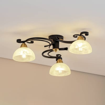 Luminex Plafondlamp Flora, 3 glazen kappen, zwart/messing