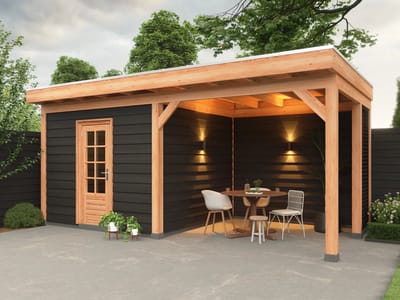 Douglas overkapping, 600 x 300, met zwarte schuur en achterwand, Westwood Comfort Premium