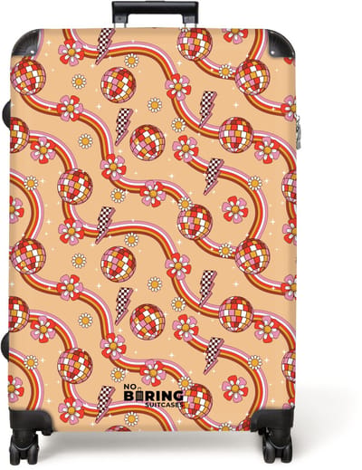 NoBoringSuitcases.com® - Koffer groot - Reiskoffer lichtgewicht - Retro disco 70s bloem patroon kleurrijk - Rolkoffer met 4 wielen - Grote trolley XL - 98 liter bagage