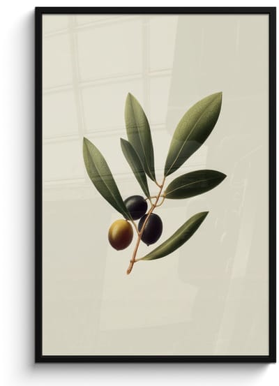 Poster in lijst - Fotolijst 80x120 cm - Posters - Olijftak - Donkergroen - Olijven - Posterlijst zwart - Decoratie - Wanddecoratie woonkamer - Muurdecoratie slaapkamer