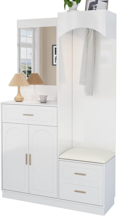 Merax Witte Garderobekast met Spiegel - Moderne Hal Kast met Schoenenkast en Zitbank - Multifunctioneel Opbergmeubel met Verstelbare Planken - 110 x 33 x 185.5 cm