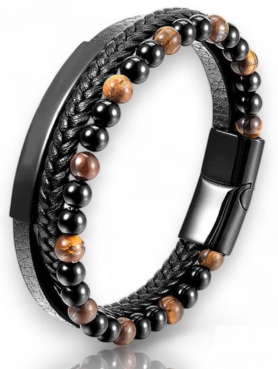 Heren Armband Leer - Zwart met Bruine Kralen - Armbanden - Papa Cadeau Voor Mannen - Vaderdag