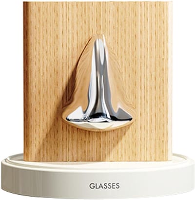 Houten brilhouder - Creatieve standaard - Brillen opbergen - Vormgegeven object - 10 x 10 cm - Hout en zilver