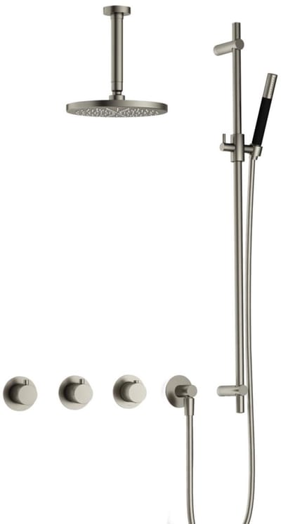 Hotbath Cobber IBS70 inbouw regendoucheset met staafhanddouche aan glijstang en 20cm ronde hoofddouche aan 15cm plafondarm geborsteld nikkel
