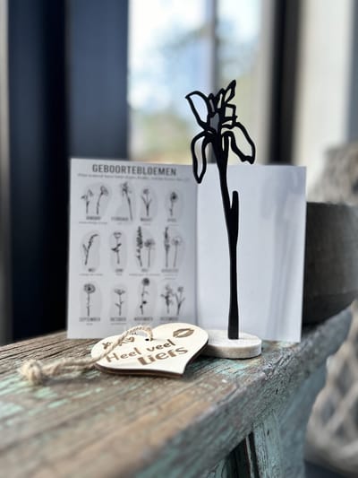 Creaties van Hier - Geboortebloem met houten hartje - Iris - Februari - Zwart MDF - Hout