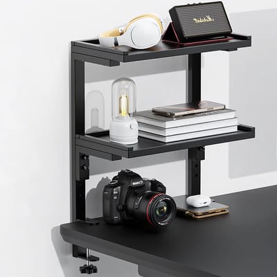 Bureauplank Organizer met 2 Tiers - Houten Opbergrek voor Buro Accessoires - Zwart
