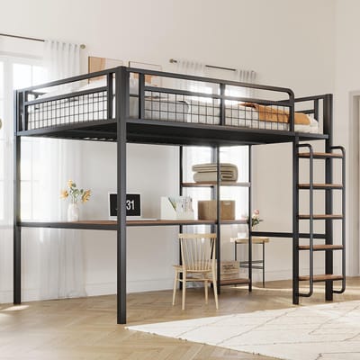 Komhtom Kinderbed Stapelbed dubbel 140x200 cm veiligheidsladder met trap, tafel en plank, metalen gaasveiligheidshek zwart