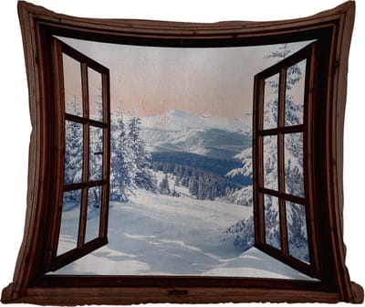 Sierkussen Buiten - Winter - Landschap - Natuur - Berg - Bomen - Doorkijk - Uitzicht - 60x60 cm - Weerbestendig
