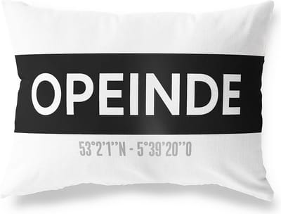 Tuinkussen OPEINDE - FRIESLAND met coördinaten - Buitenkussen - Bootkussen - Weerbestendig - Jouw Plaats - Studio216 - Modern - Zwart-Wit - 50x30cm
