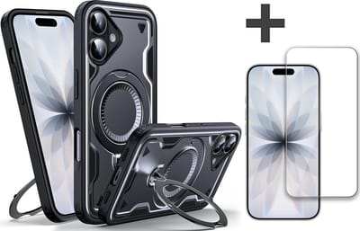 Hoesje Geschikt voor iPhone 17 met gehard glas Screenprotector - Armor hoes met Ringhouder - Arara backcover - Zwart