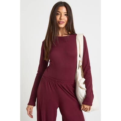 boohoo Dames Ultrazachte lange mouw bodysuit | Burgundy | Maat: 14