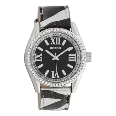 OOZOO Timepieces - Zilverkleurige horloge met zwarte leren band - C10268