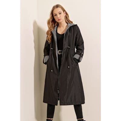 Gekruiste Gestreepte Lange Trenchcoat met Taillekoord