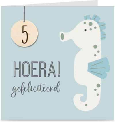 Verjaardagskaart met leeftijd voor kinderen | ZEEPAARDJE | 5 jaar | kaart met envelop | jongen / meisje